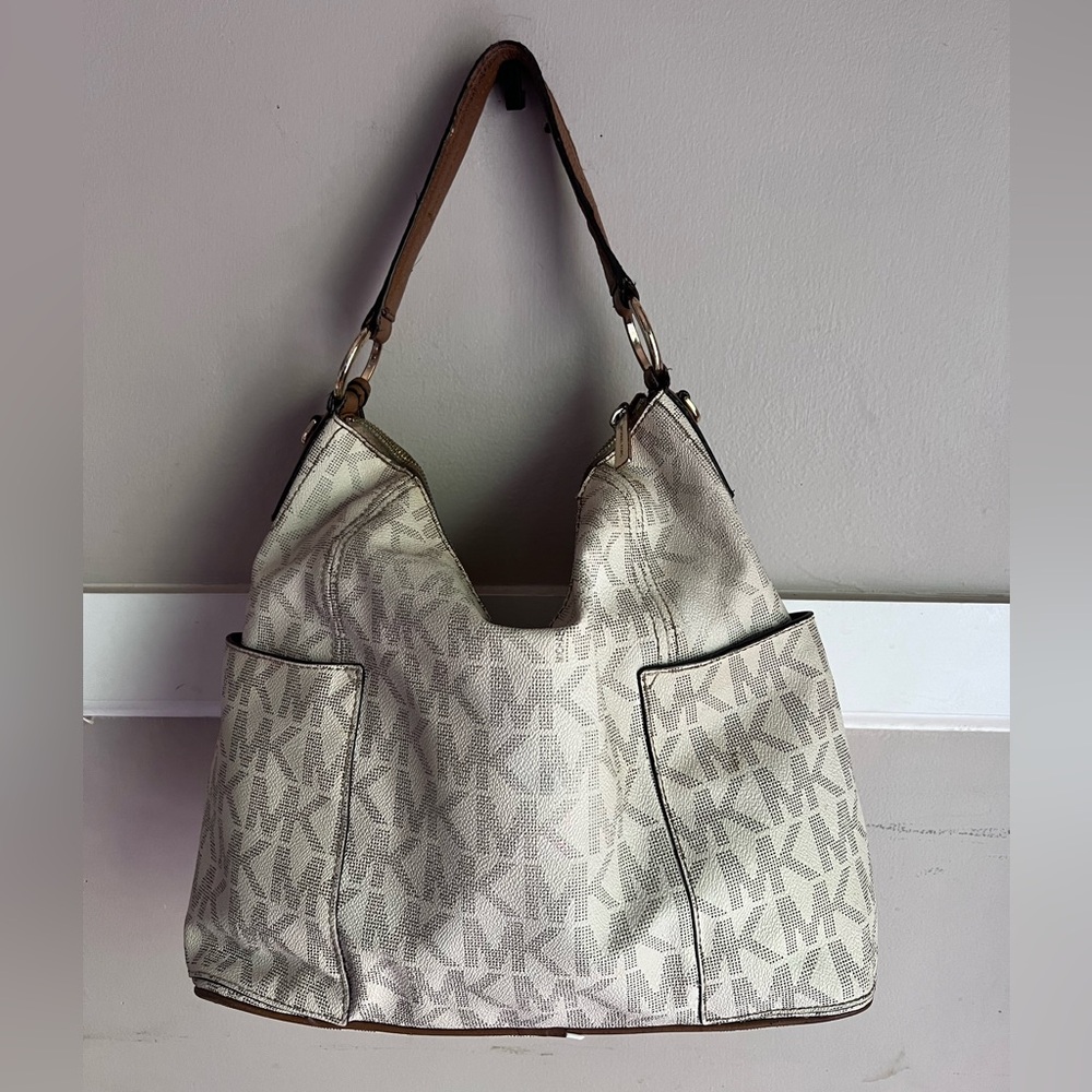Michael Kors Beige and Brown MK Monogram Shoulder Bag - Picture 2 of 3